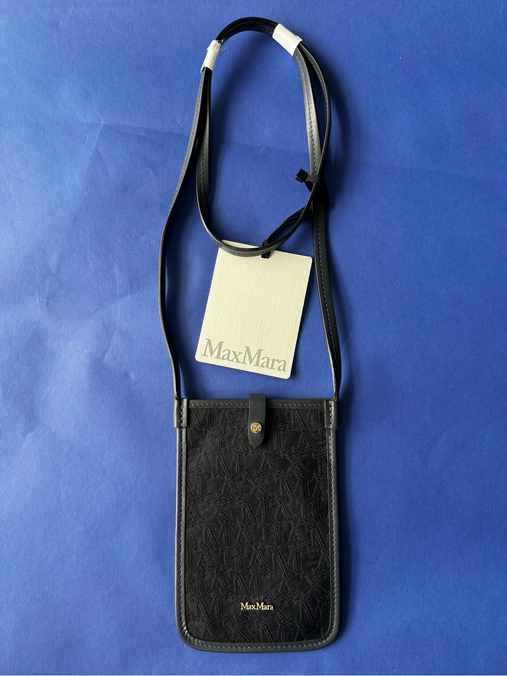 MaxMara Black Embossed Crossbody Phone  cards  Pouch with Gold Logo
